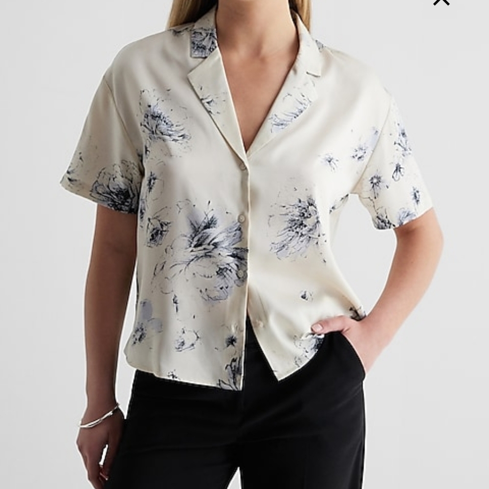 Express Floral Short Sleeve Button Up Boxy Shirt